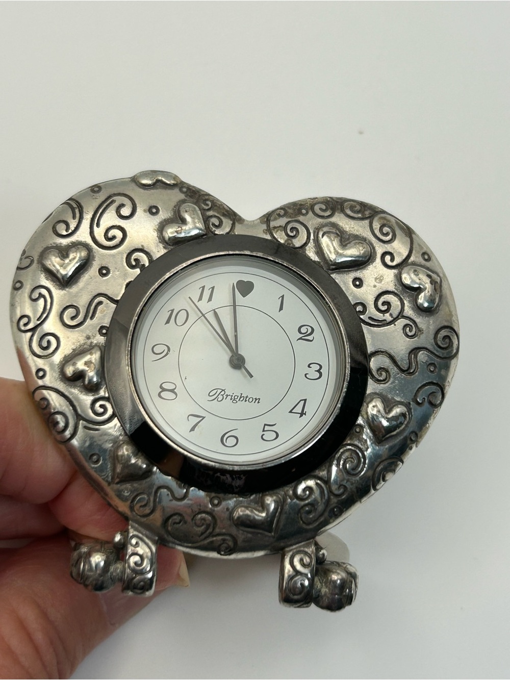 Brighton Silver Plated Heart Desk Clock Vintage Collectible Needs Repair Patina